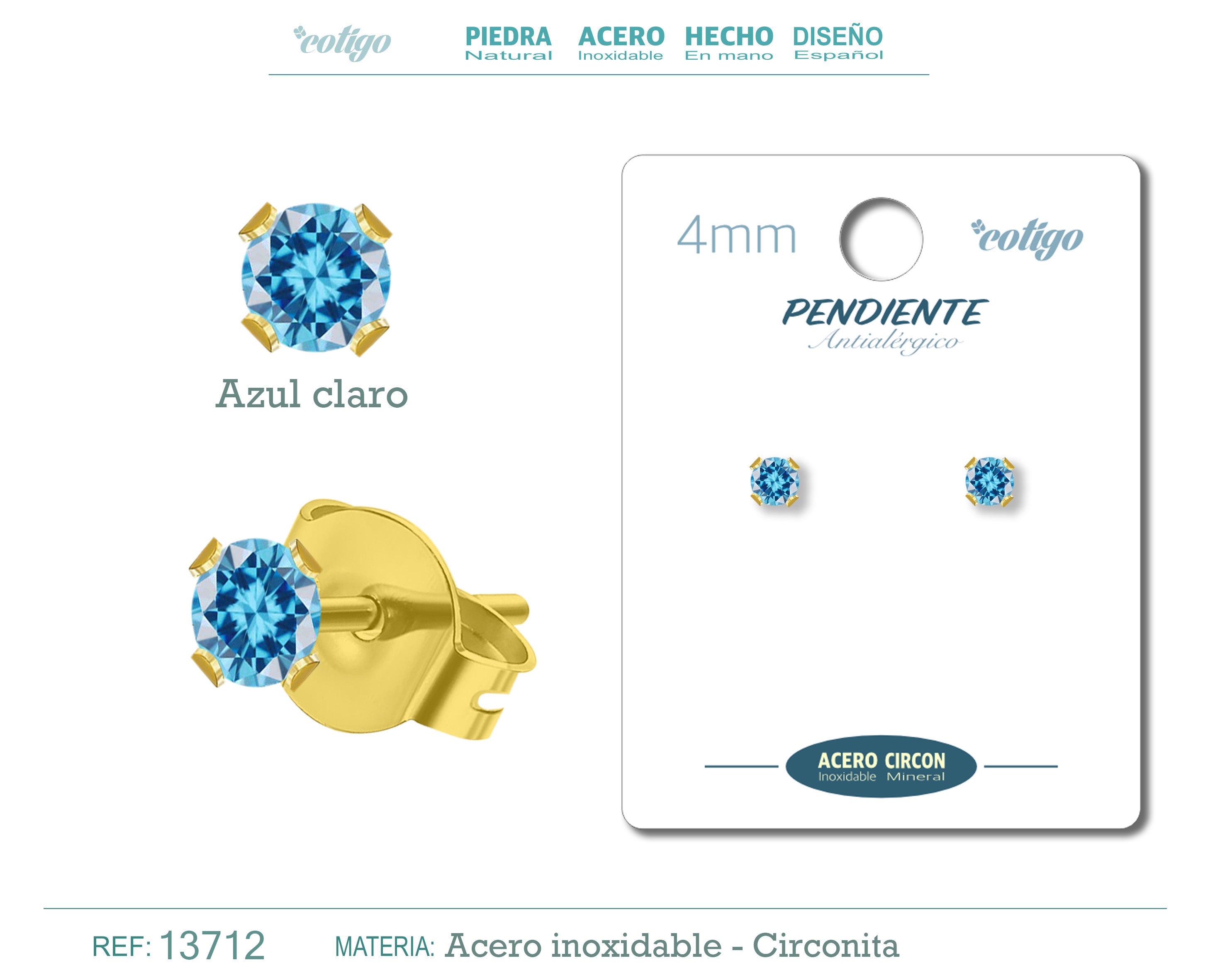 Pendiente Circonita Redondo-Azul claro-4mm-Base Acero Dorado - cotigo