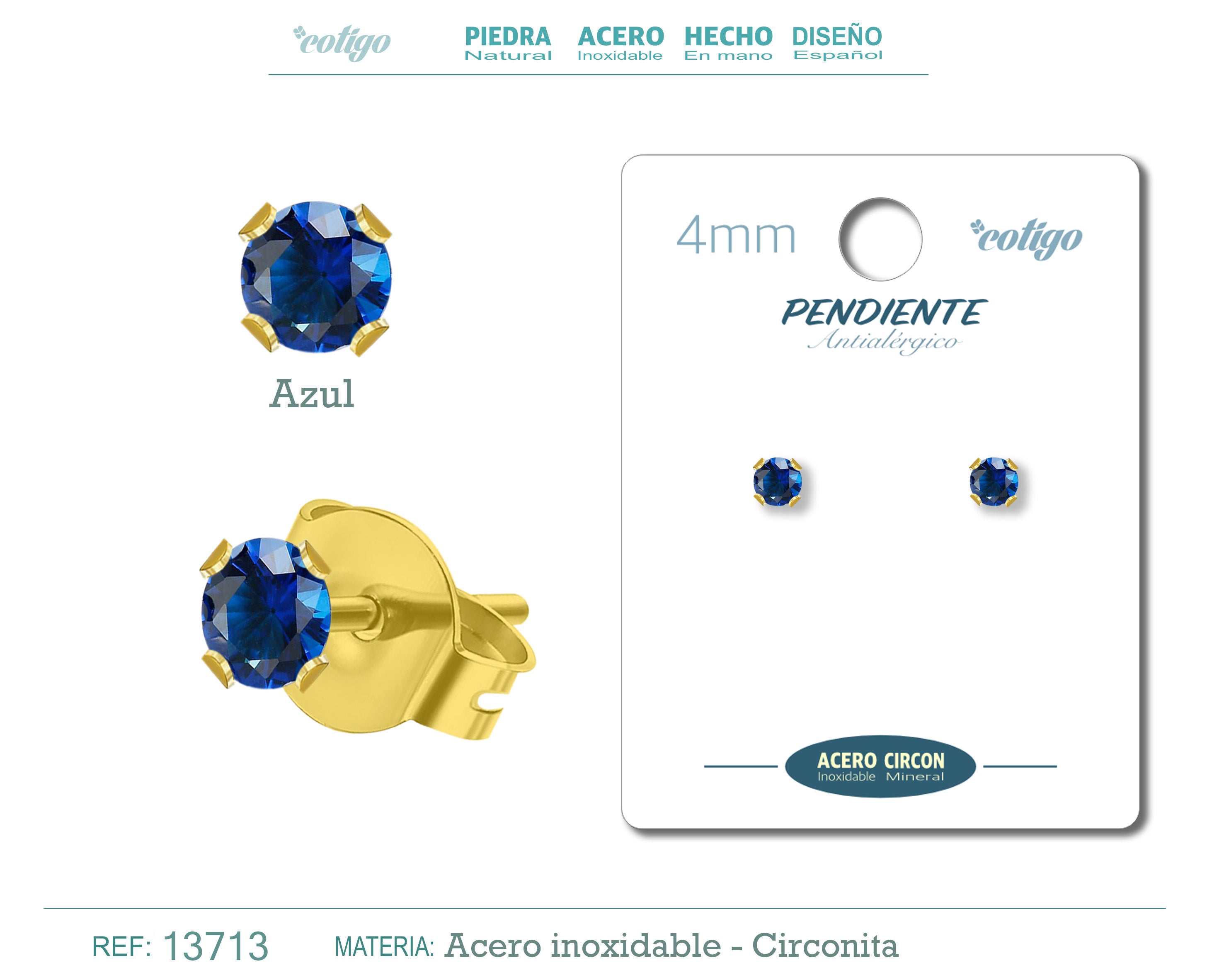 Pendiente Circonita Redondo-Azul-4mm-Base Acero Dorado - cotigo
