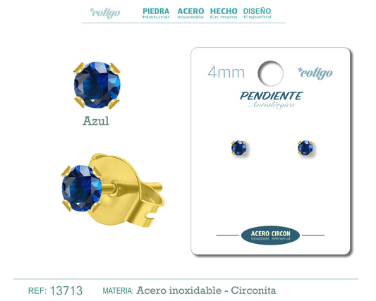 Pendiente Circonita Redondo-Azul-4mm-Base Acero Dorado