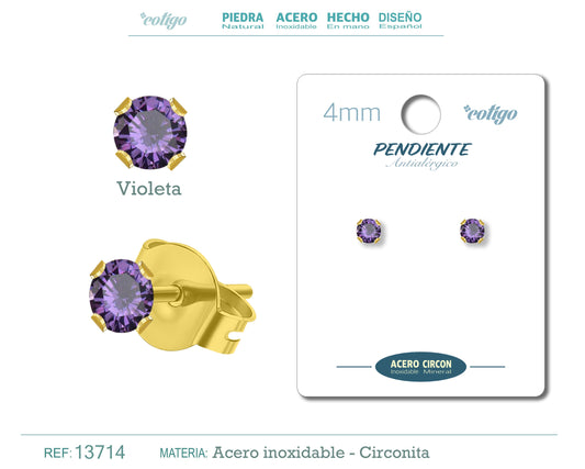 Pendiente Circonita Redondo-violeta-4mm-Base Acero Dorado