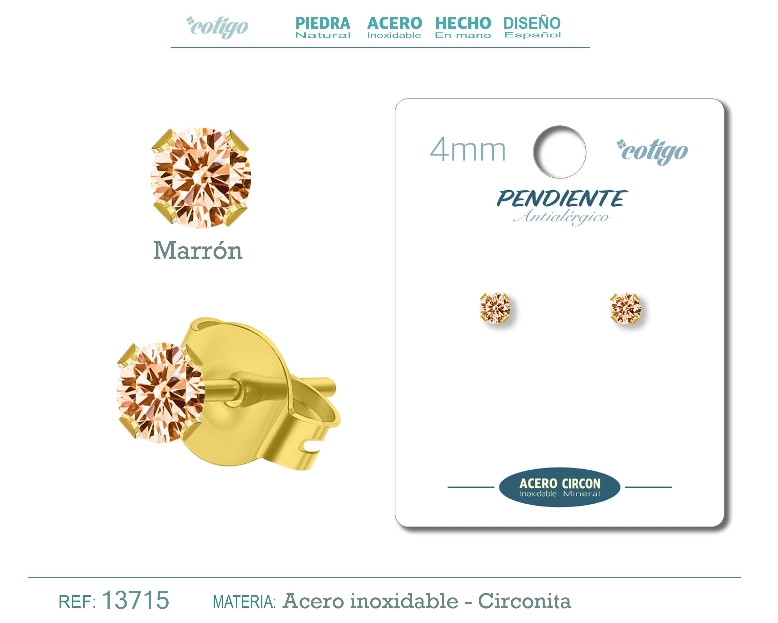 Pendiente Circonita Redondo-Marrón-4mm-Base Acero Dorado - cotigo