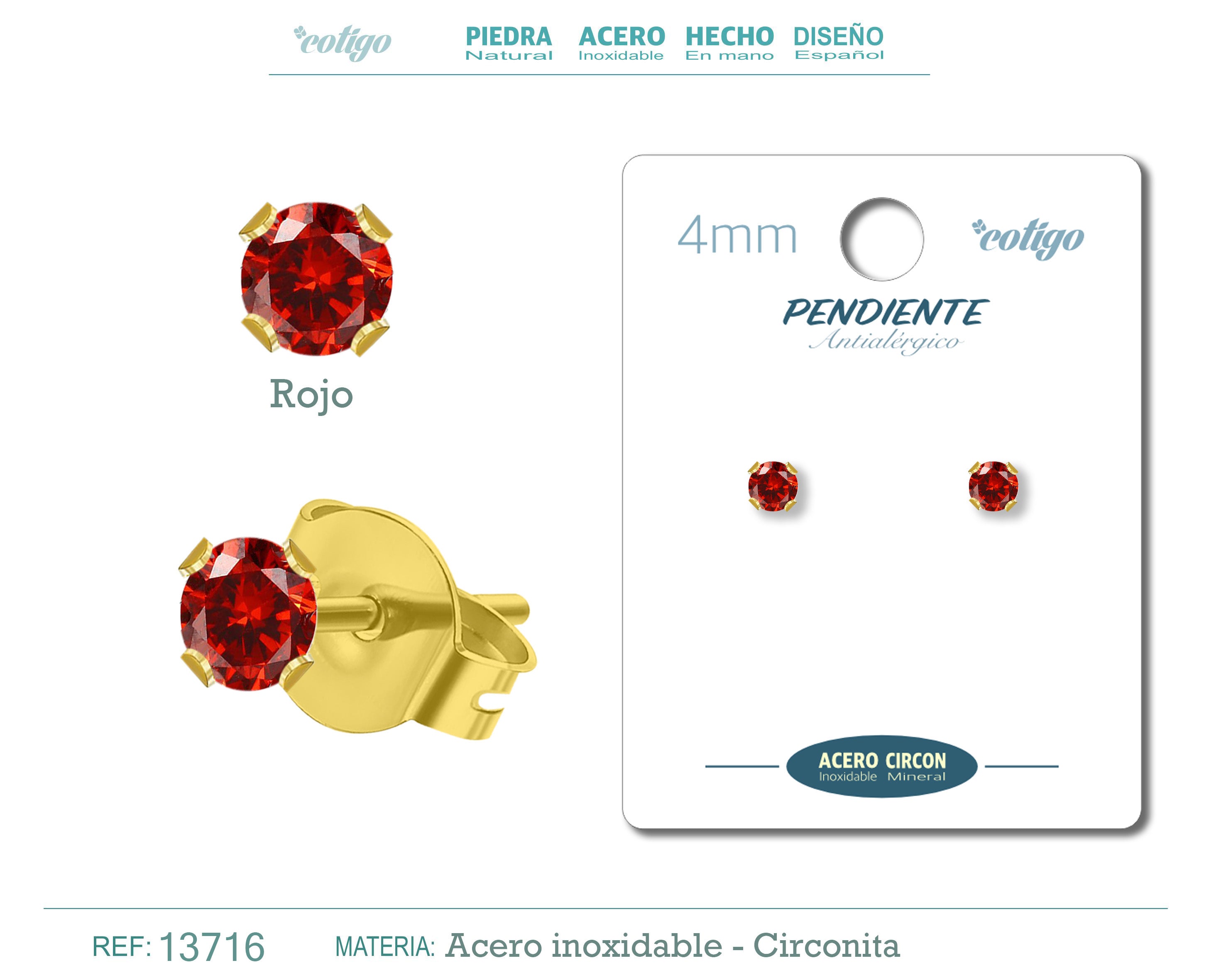 Pendiente Circonita Redondo-Rojo-4mm-Base Acero Dorado - cotigo