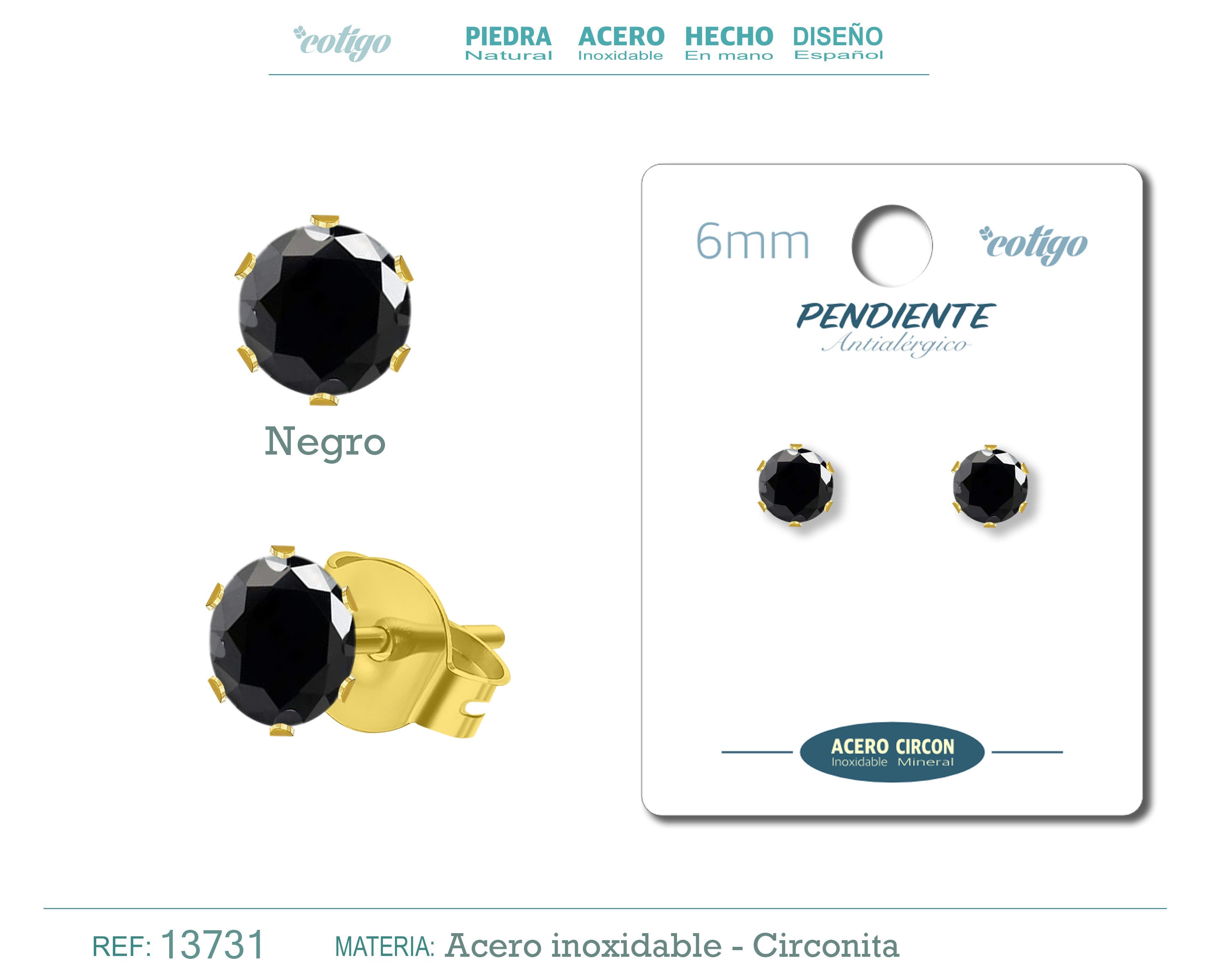 Pendiente Circonita Redondo-Negro-6mm-Base Acero Dorado - cotigo