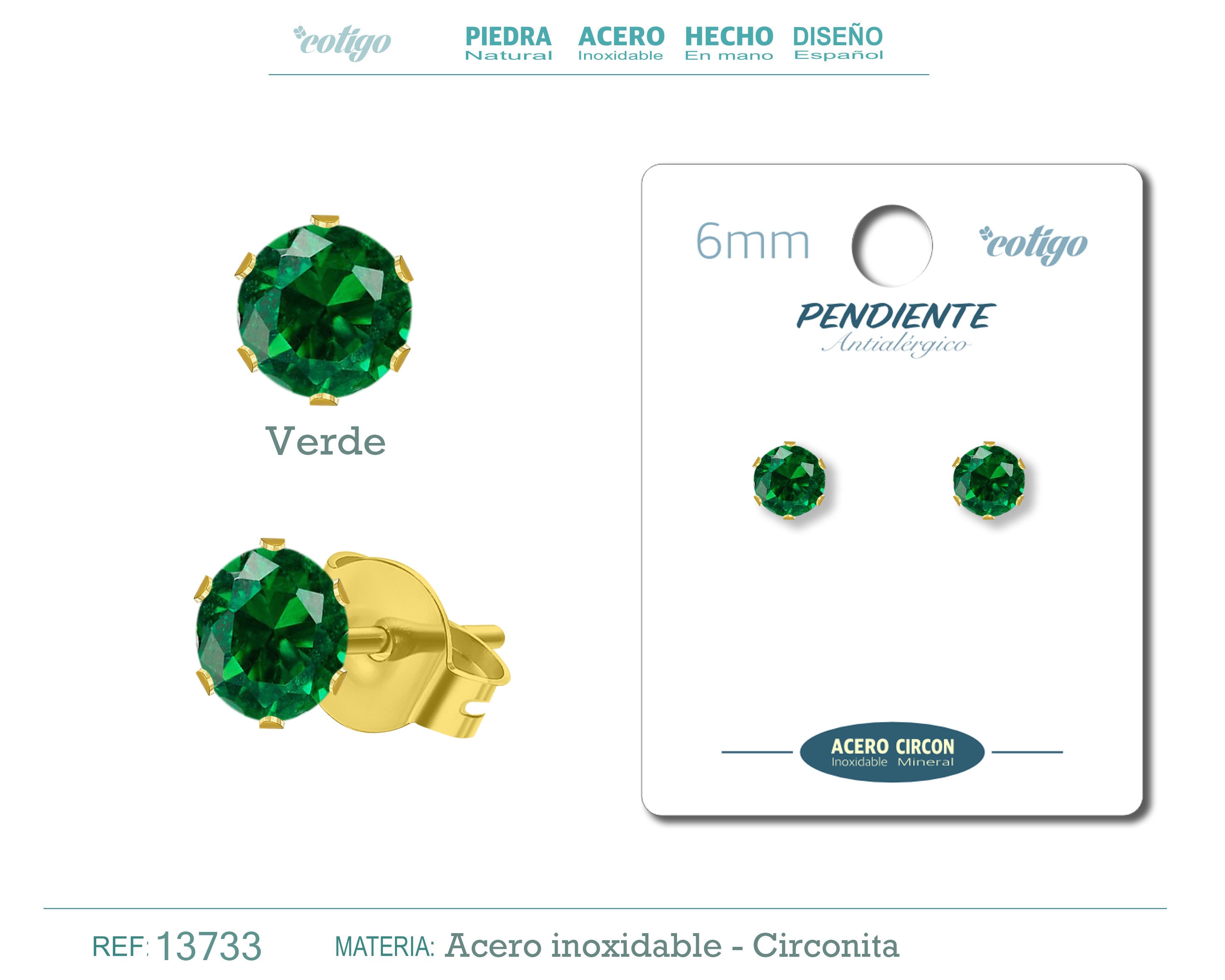 Pendiente Circonita Redondo-Verde-6mm-Base Acero Dorado - cotigo