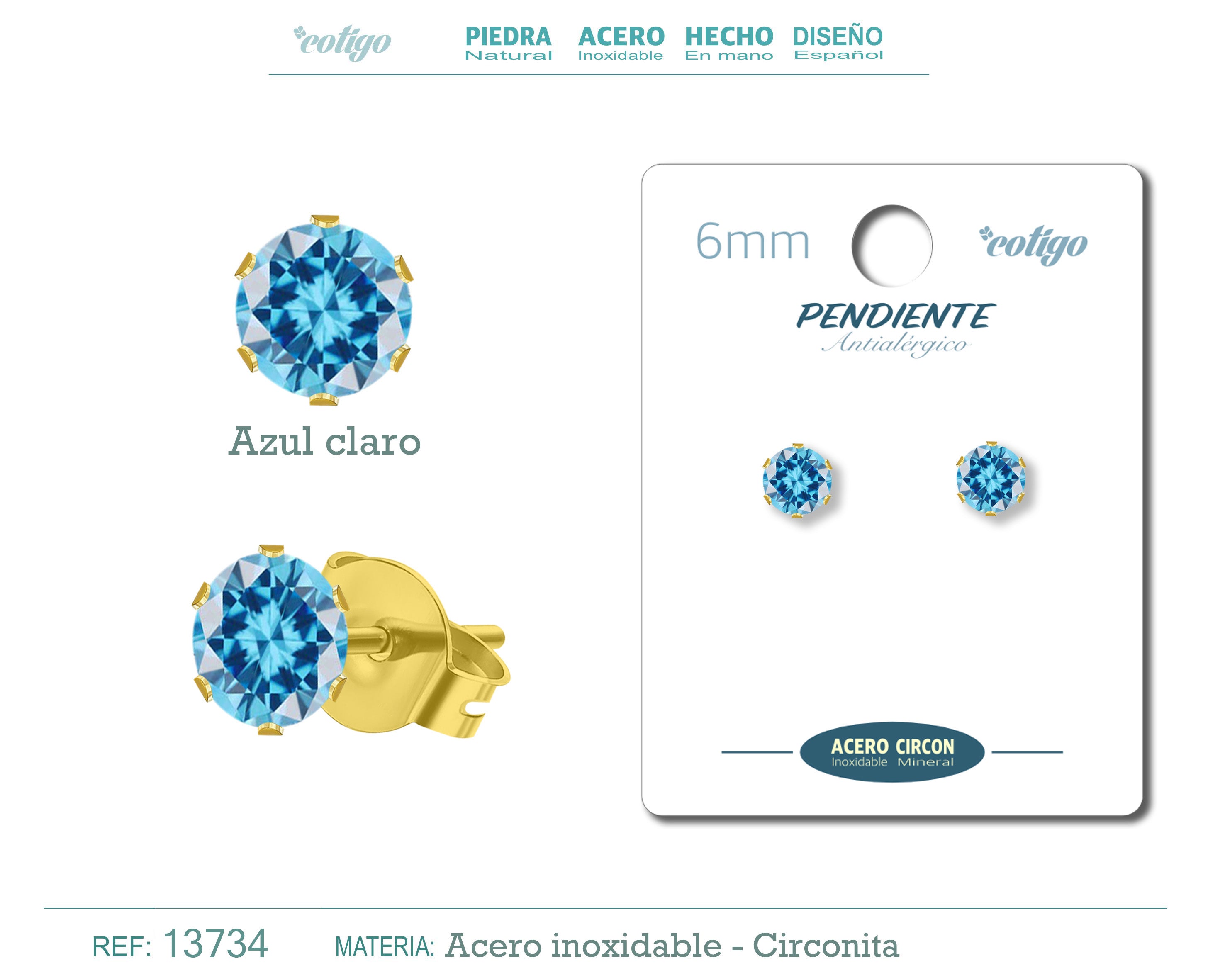 Pendiente Circonita Redondo-Azul claro-6mm-Base Acero Dorado - cotigo