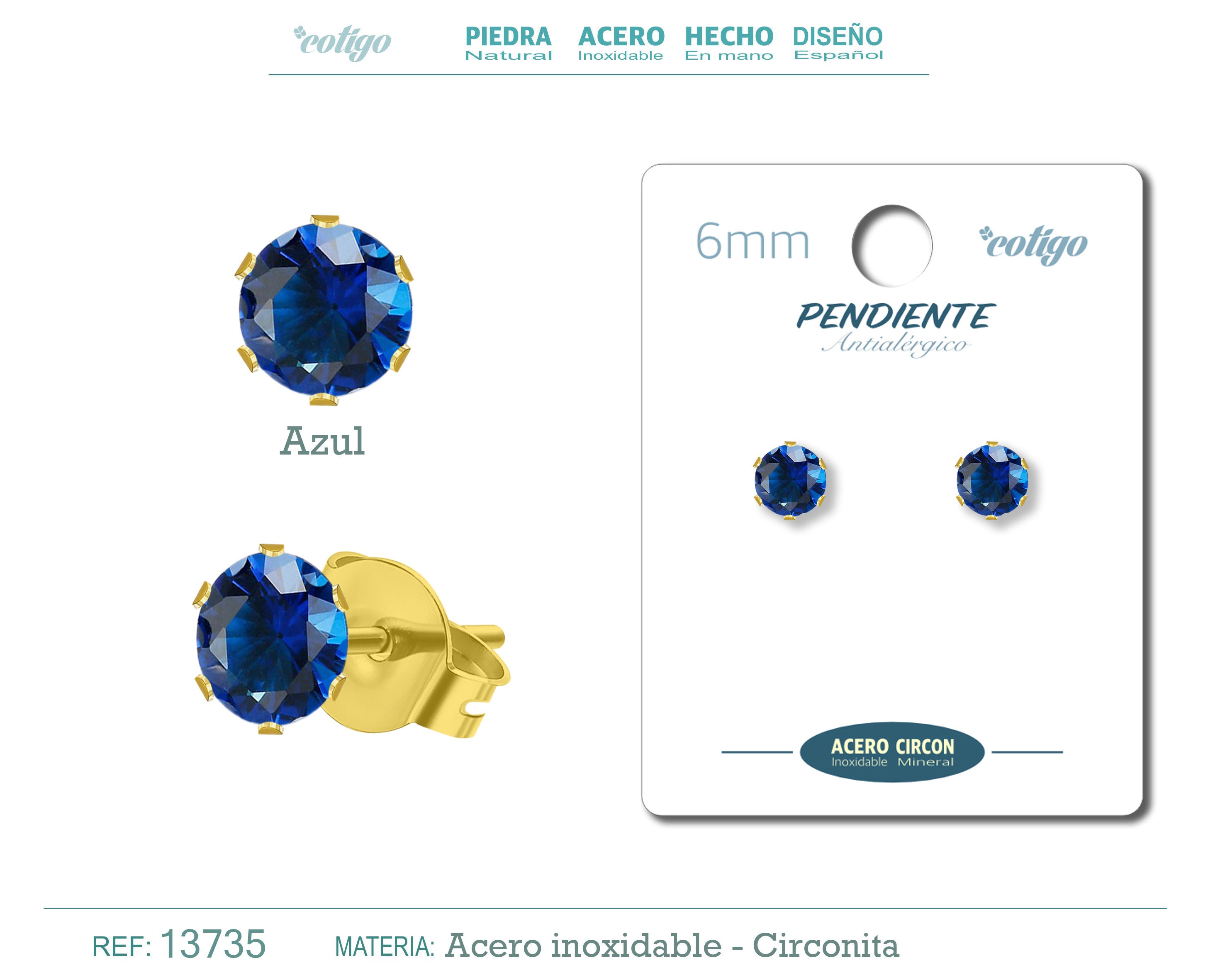 Pendiente Circonita Redondo-Azul-6mm-Base Acero Dorado - cotigo