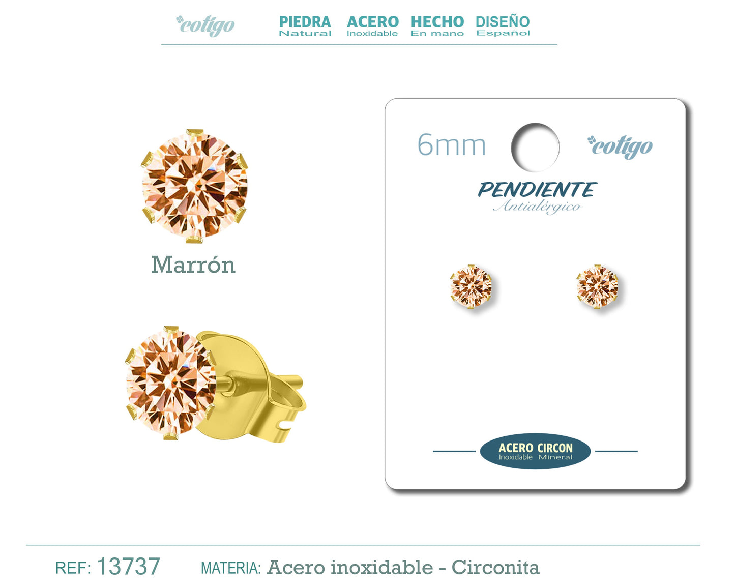 Pendiente Circonita Redondo-Marrón-6mm-Base Acero Dorado