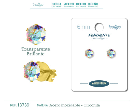 Pendiente Circonita Redondo-Transparente brillante-6mm-Base Acero Dorado