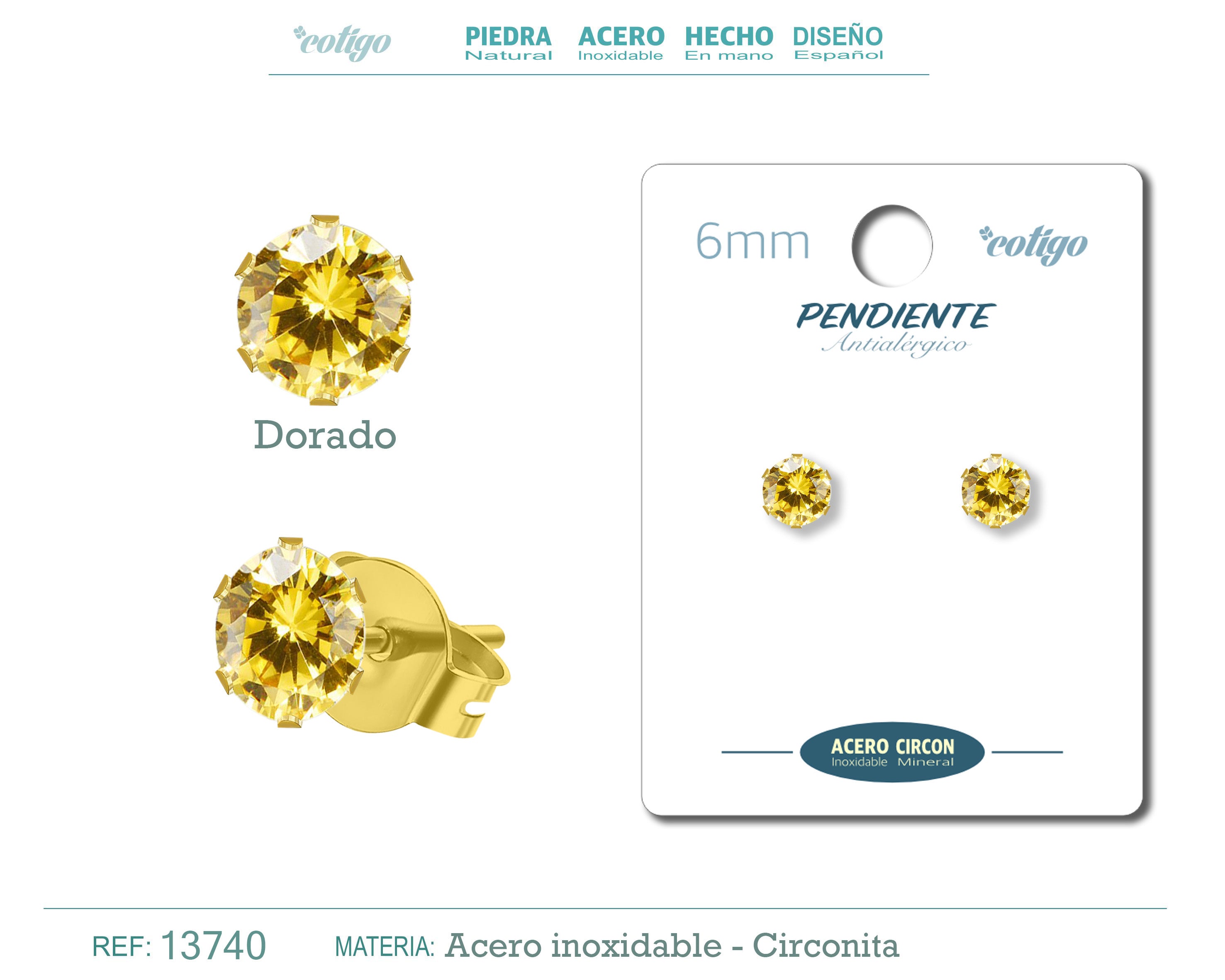 Pendiente Circonita Redondo-Dorado-6mm-Base Acero Dorado - cotigo