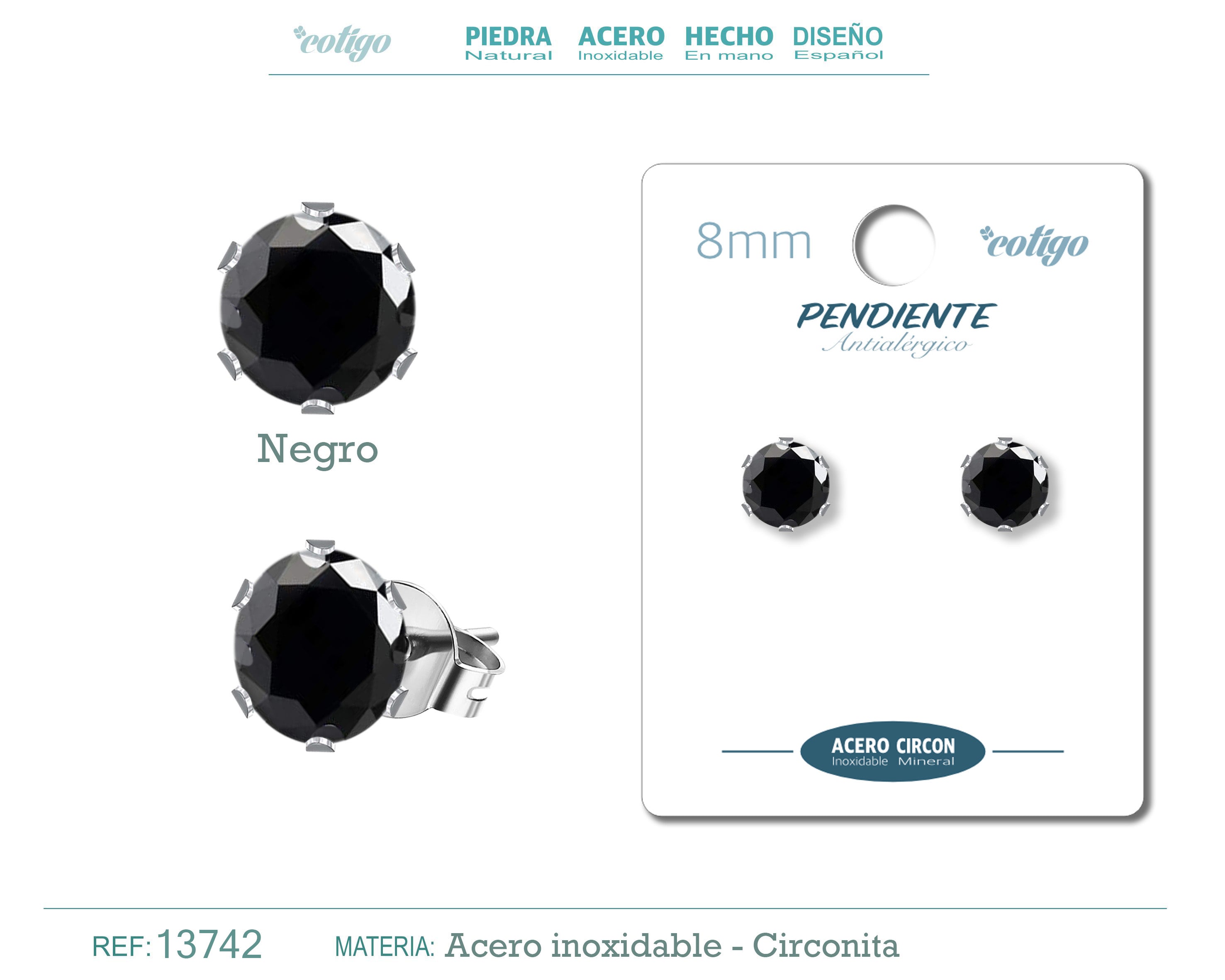 Pendiente Circonita Redondo-Negro-8mm-Base Acero Plateado - cotigo