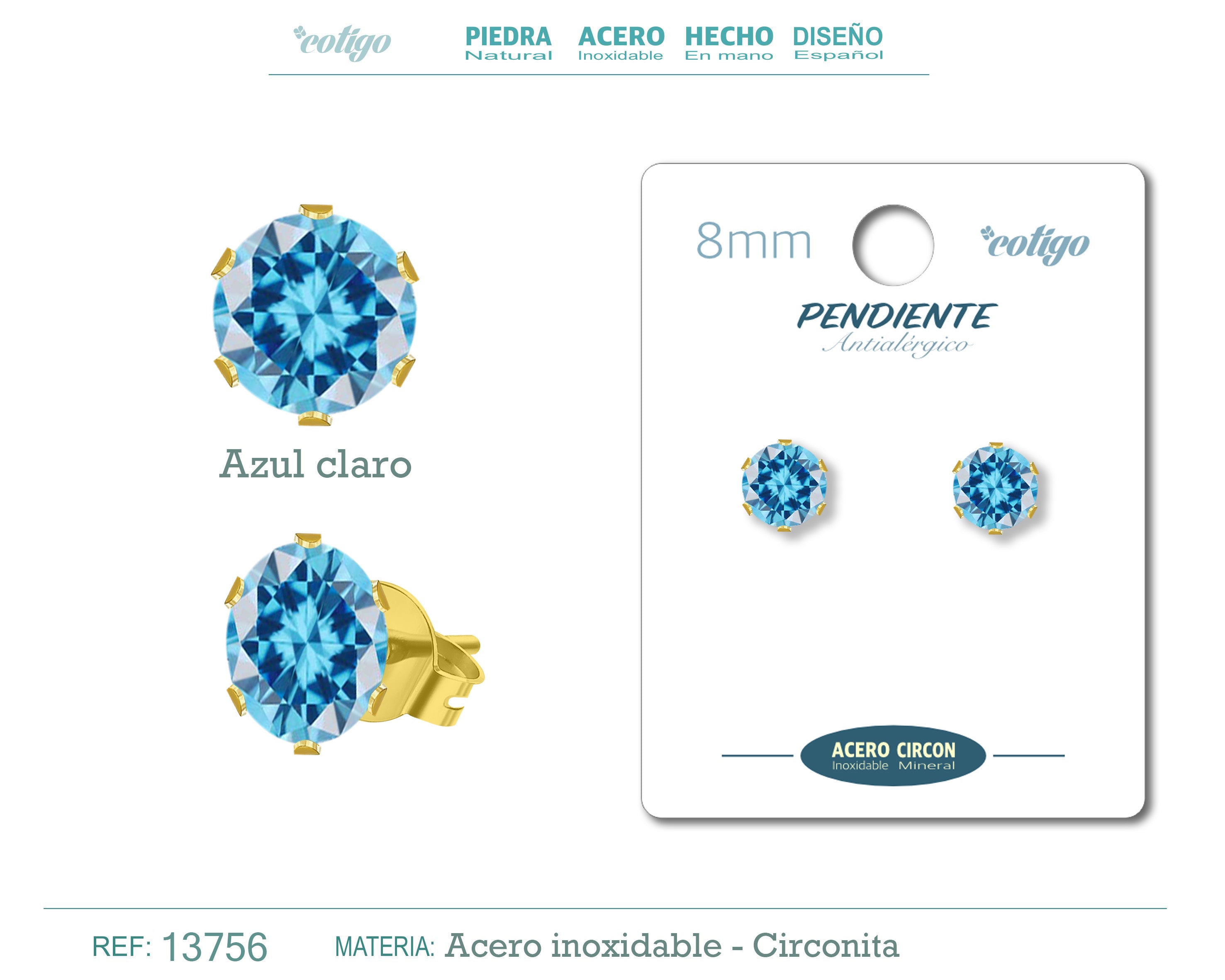 Pendiente Circonita Redondo-Azul claro-8mm-Base Acero Dorado - cotigo