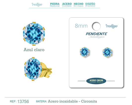 Pendiente Circonita Redondo-Azul claro-8mm-Base Acero Dorado