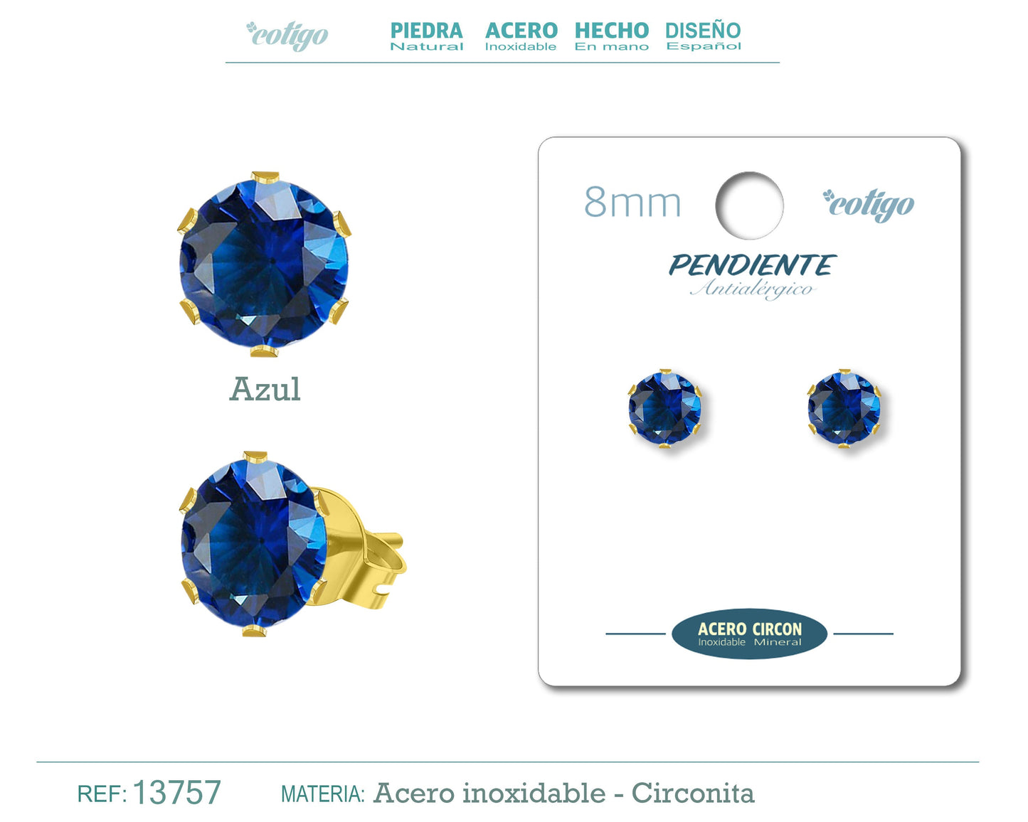 Pendiente Circonita Redondo-Azul-8mm-Base Acero Dorado