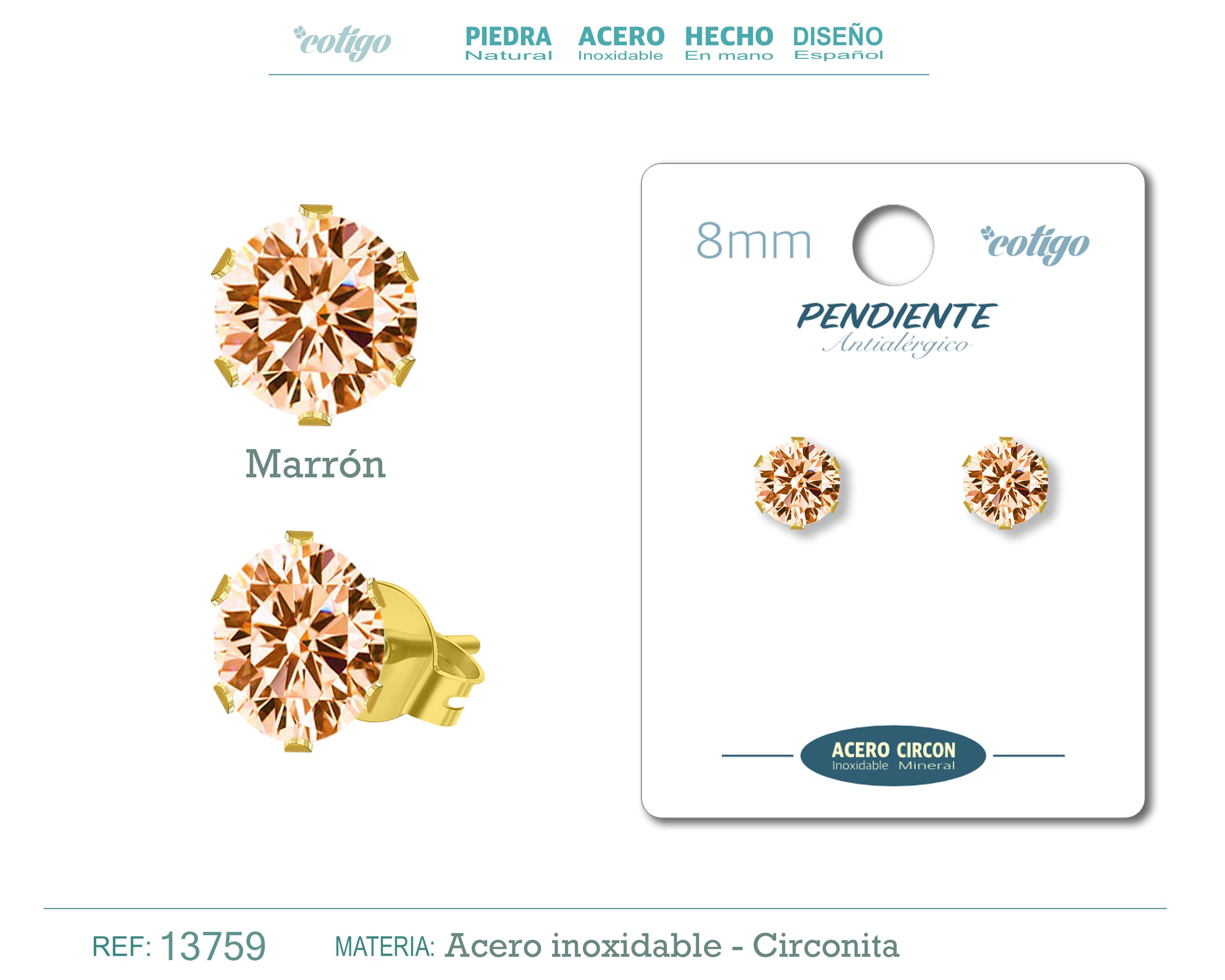 Pendiente Circonita Redondo-Marrón-8mm-Base Acero Dorado - cotigo
