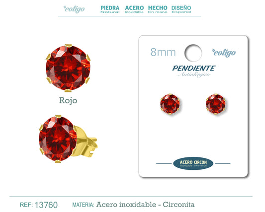 Pendiente Circonita Redondo-Rojo-8mm-Base Acero Dorado