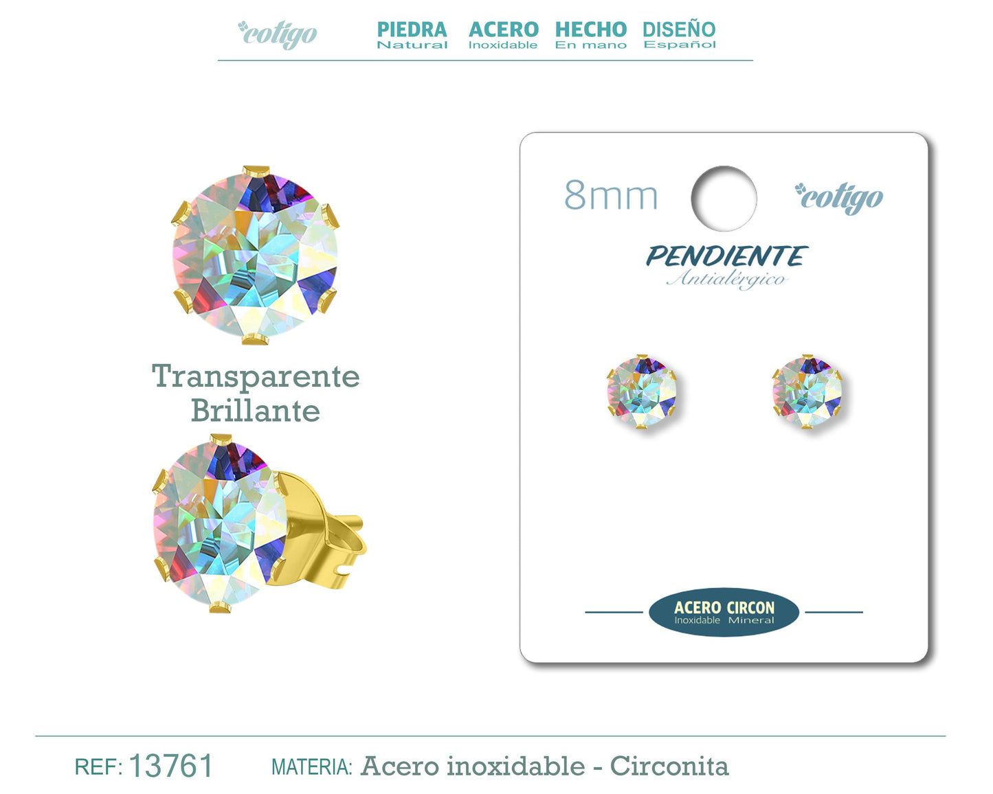 Pendiente Circonita Redondo-Transparente brillante-8mm-Base Acero Dorado