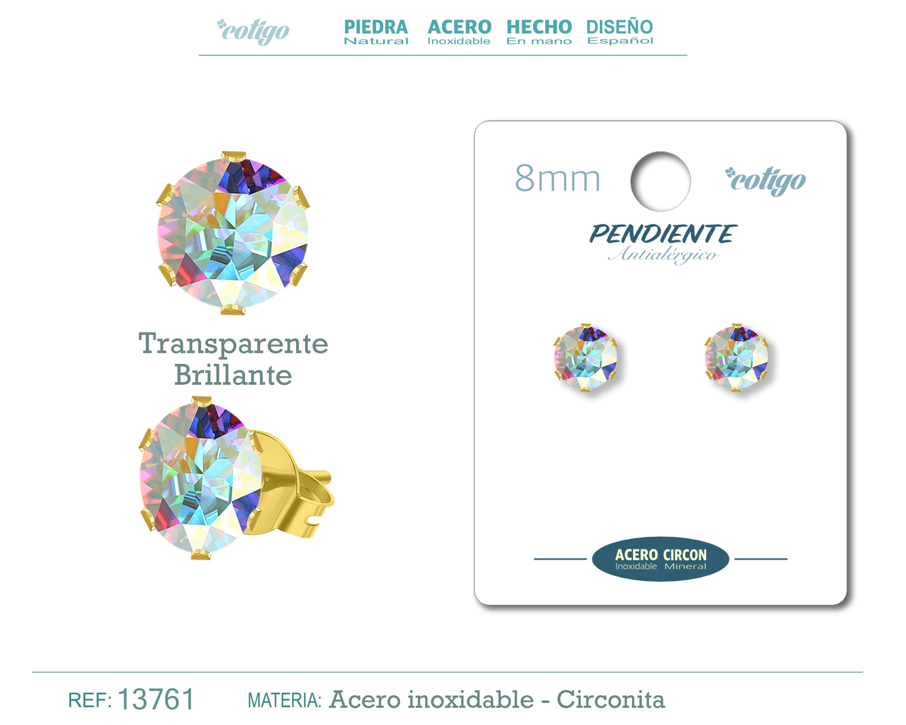 Pendiente Circonita Redondo-Transparente brillante-8mm-Base Acero Dorado - cotigo