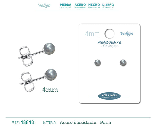 PENDIENTE ACERO+PERLA NáCAR 4MM GRIS