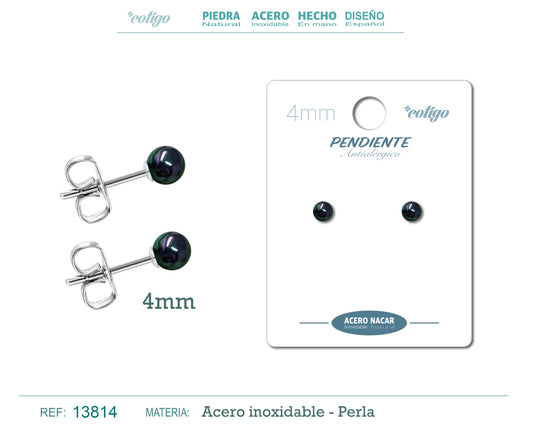 Pendiente Acero+Perla Nácar 4mm Negro