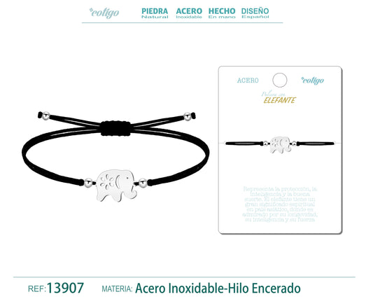 Pulseira Elefante de Prata em Fio Preto