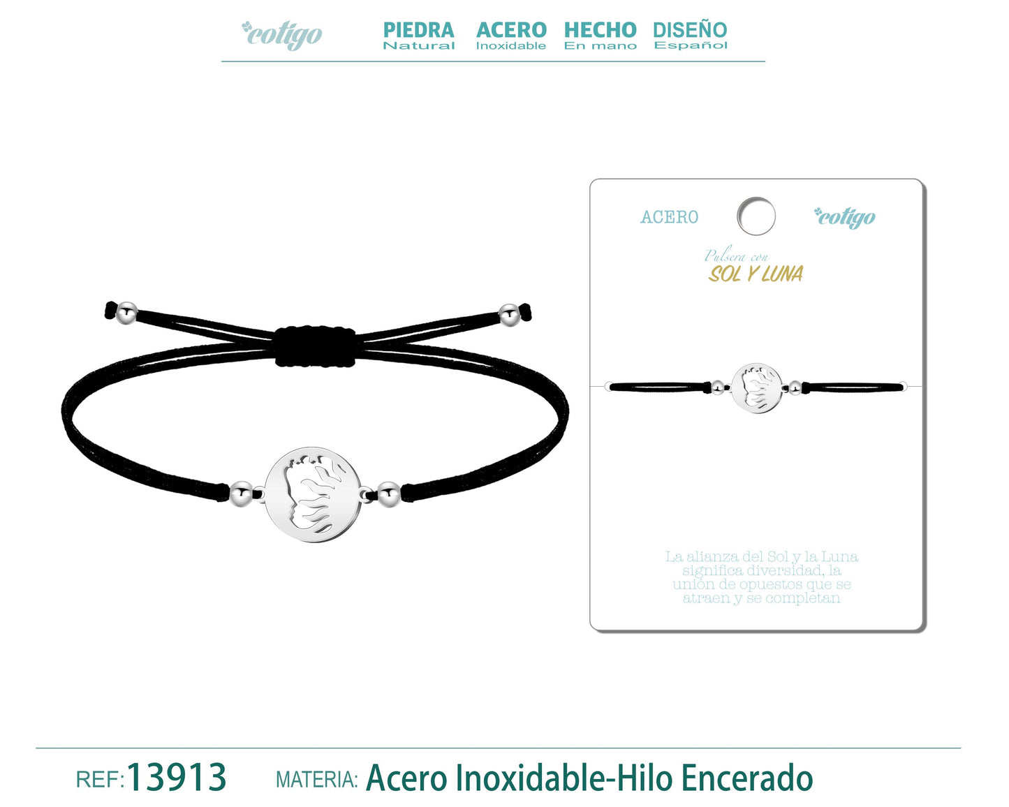 Pulsera Sol y Luna Plateado de Hilo En.Negro