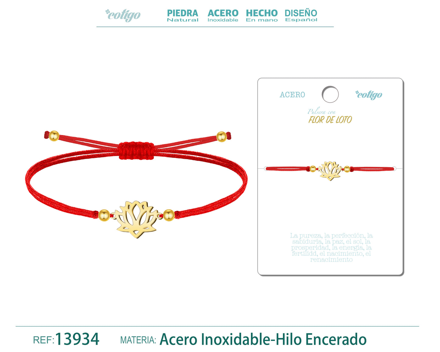 Pulsera Flor de Loto Dorado de Hilo En.Rojo