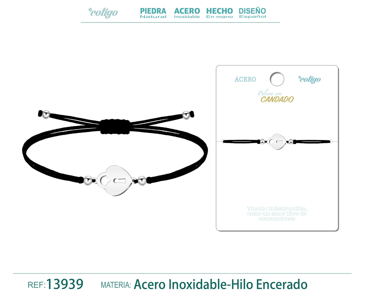 Pulsera Candado Plateado de Hilo En.Negro