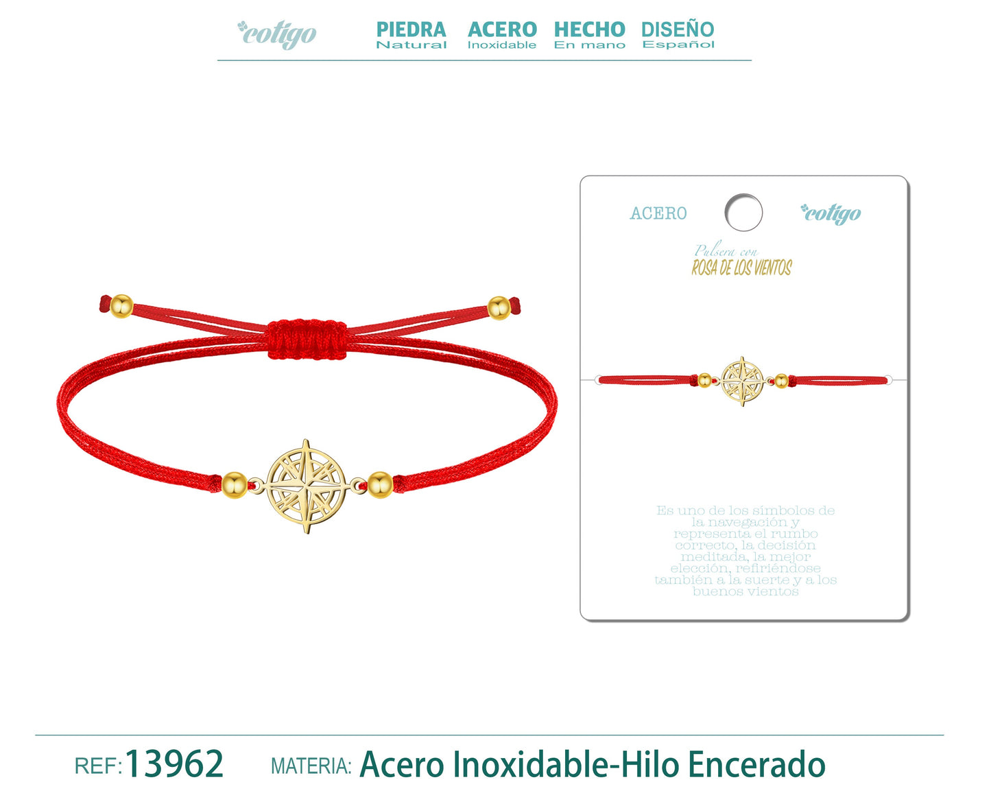 Pulsera Rosa de los Vientos Dorado de Hilo En.Rojo