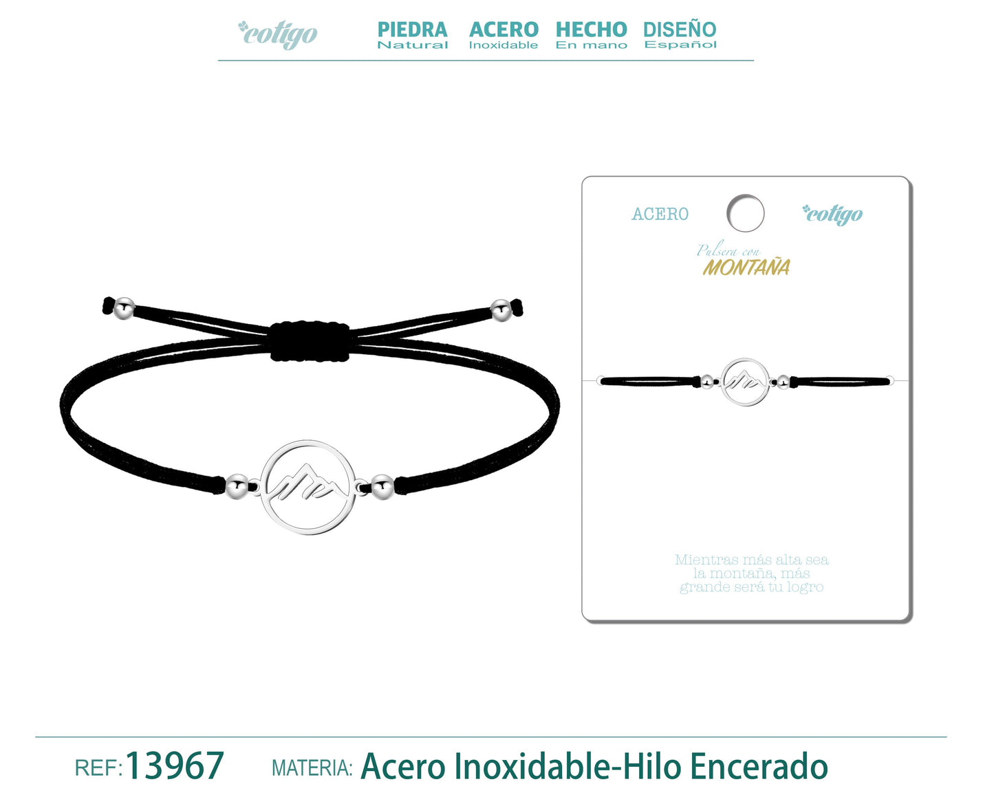 Pulsera Monta?a Plateado de Hilo En.Negro