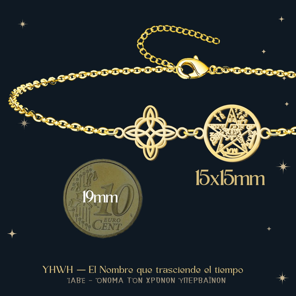 Pulsera Doble Protección: Nudo de Bruja, Tetragrámaton en Acero Dorado diseño