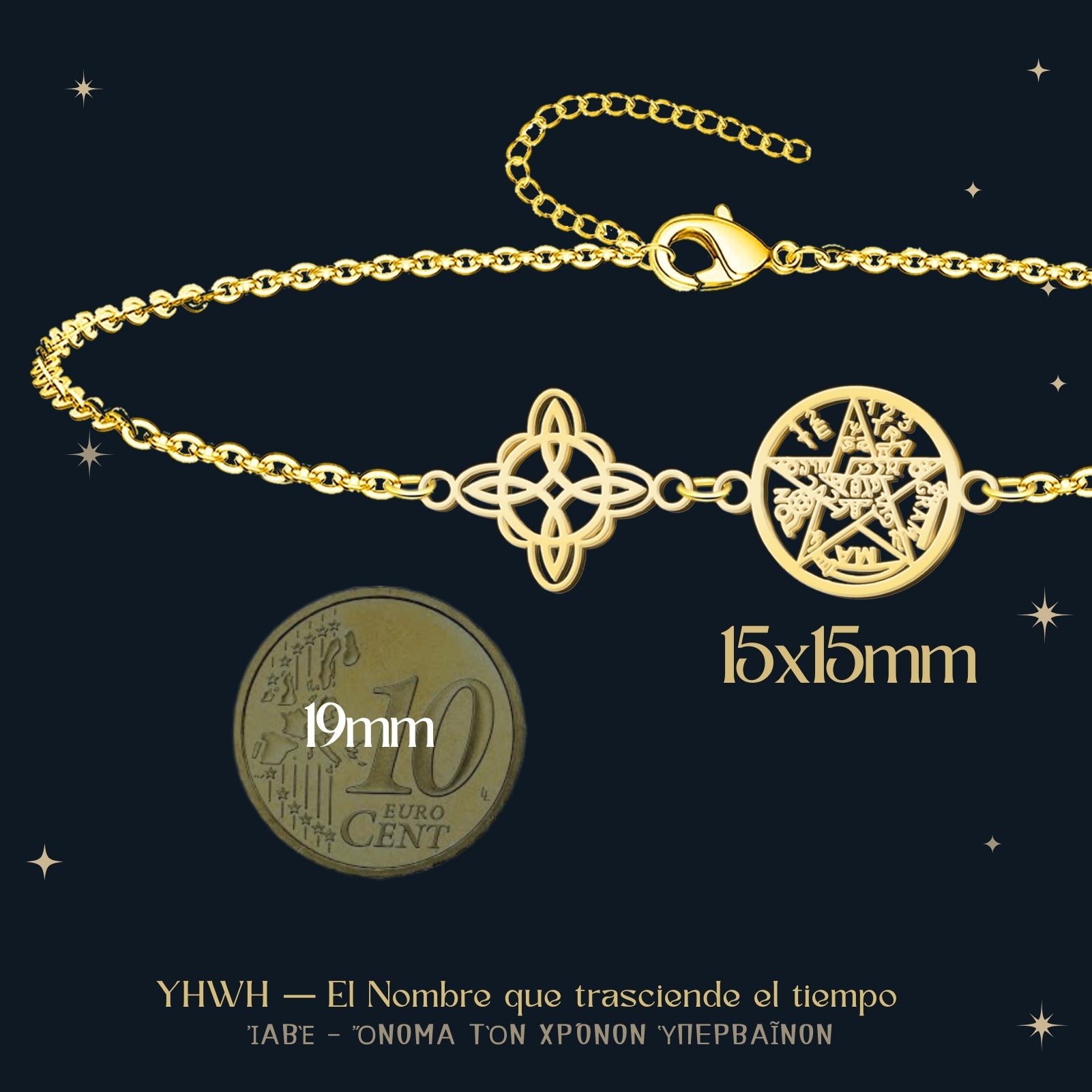 Pulsera Tetragrammaton y Nudo de Bruja en Acero Dorado - cotigo