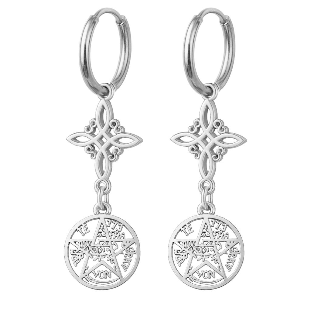 Pendientes de aro en acero inoxidable plateado con colgantes verticales: Nudo de Bruja (arriba) y Tetragrammatón (abajo).