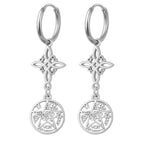 Pendientes de aro en acero inoxidable plateado con colgantes verticales: Nudo de Bruja (arriba) y Tetragrammatón (abajo).
