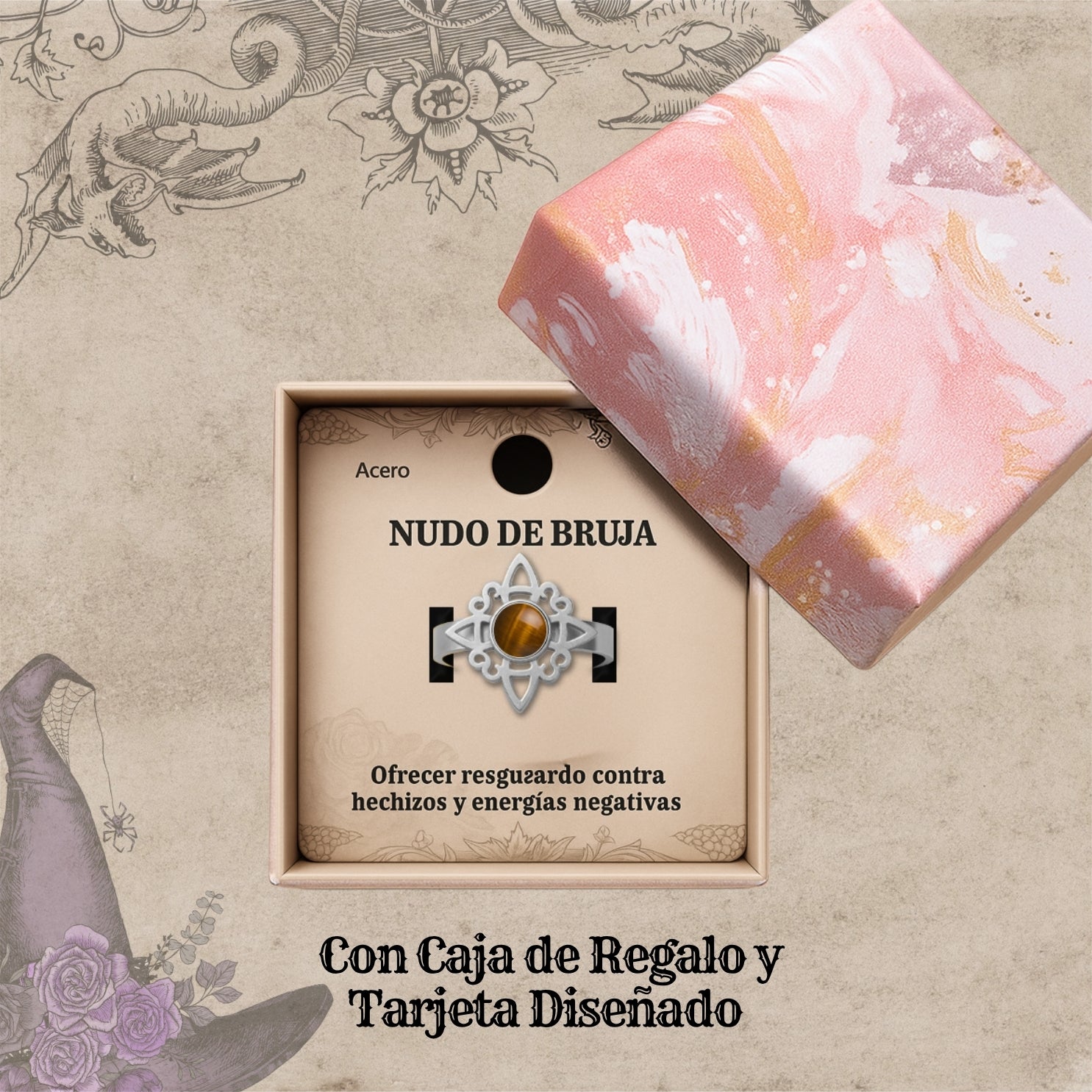 Anillo Nudo de Bruja con Ojo de Tigre en Acero Plateado - cotigo