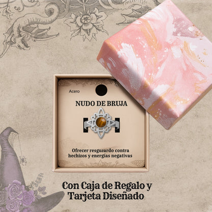 Anillo Nudo de Bruja Acero Plateado con Ojo de Tigre