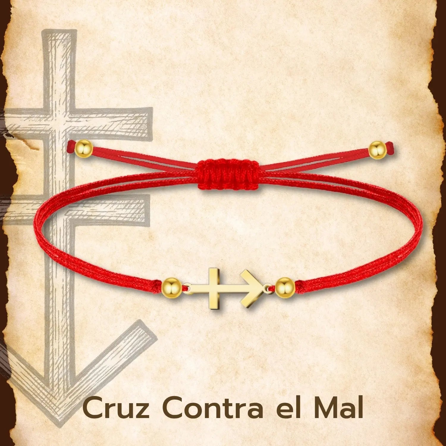 Pulsera del Hilo Rojo con Cruz Contra el Mal en Acero Dorado detalle
