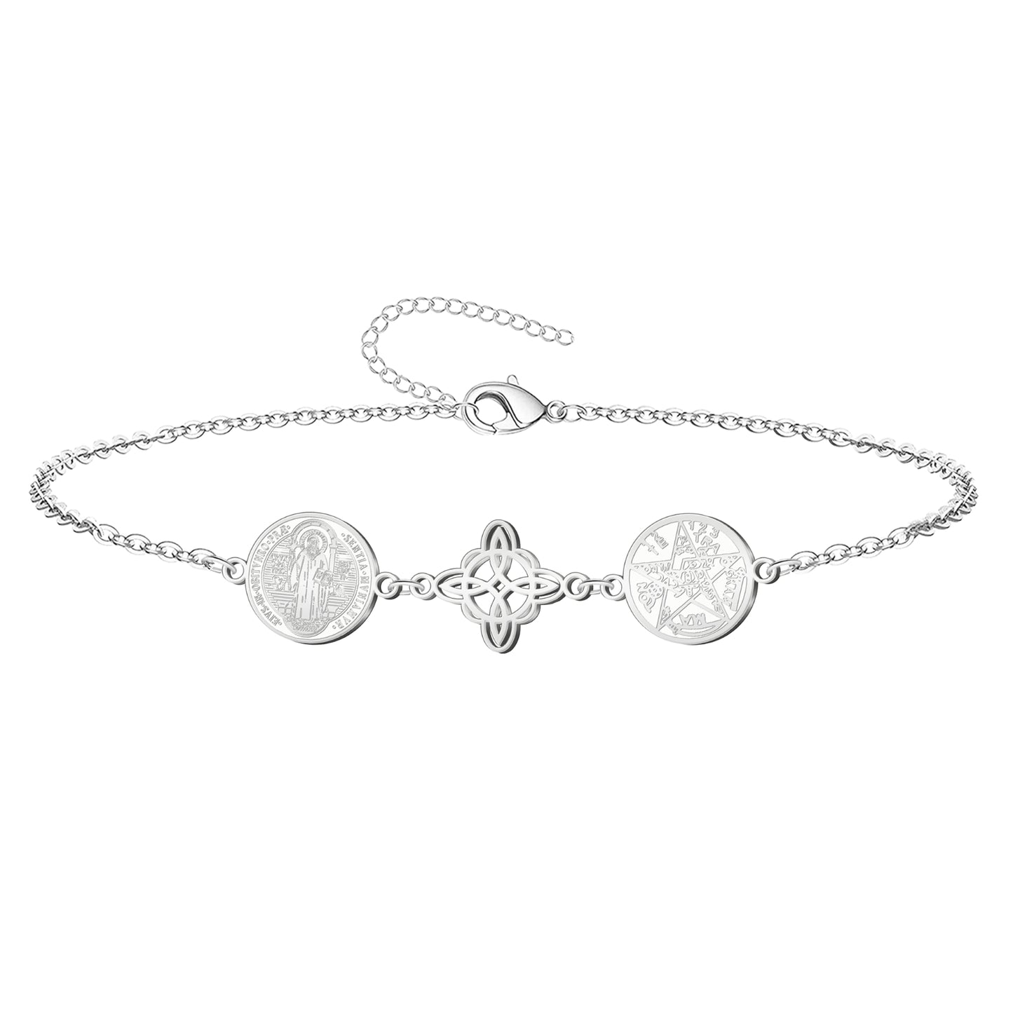 Pulsera Tetragrammaton con Nudo de Bruja y San Benito | Amuleto de Protección y Luz Divina en Acero Inoxidable