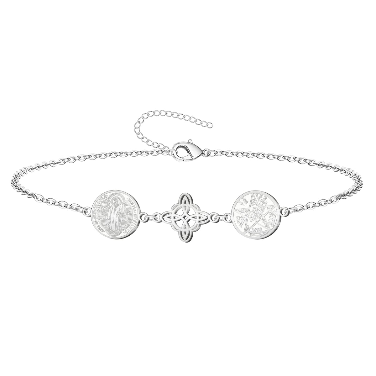 Pulsera Triple Protección: Nudo de Bruja, San Benito Y Tetragrámaton en Acero
