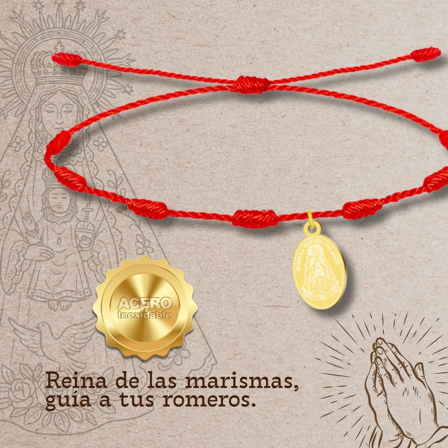 Pulsera 7 Nudos Virgen del Rocío Medalla Acero Dorado - cotigo