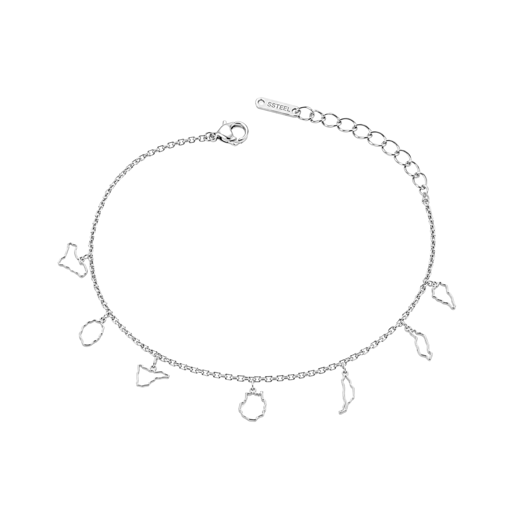 Pulsera plateada de acero con siete siluetas caladas de las Islas Canarias y cadena de extensión
