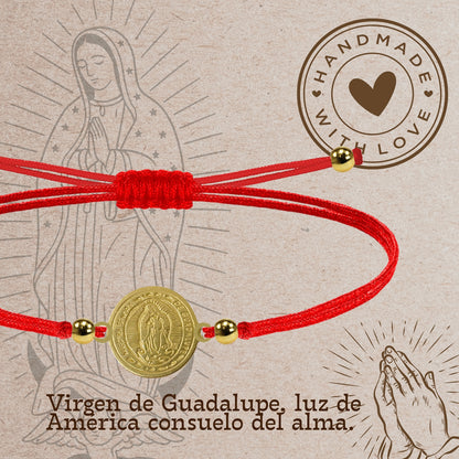 Pulsera Hilo encerado Rojo-Virgen Guadalupe Dorado