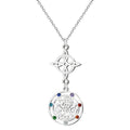 Colgante vertical de acero inoxidable plateado: Símbolo del Nudo de Bruja en la parte superior conectado a una medalla redonda del Tetragrammatón en la parte inferior, diseño liso sin piedras.