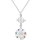 Colgante vertical de acero inoxidable plateado: Símbolo del Nudo de Bruja en la parte superior conectado a una medalla redonda del Tetragrammatón en la parte inferior, diseño liso sin piedras.