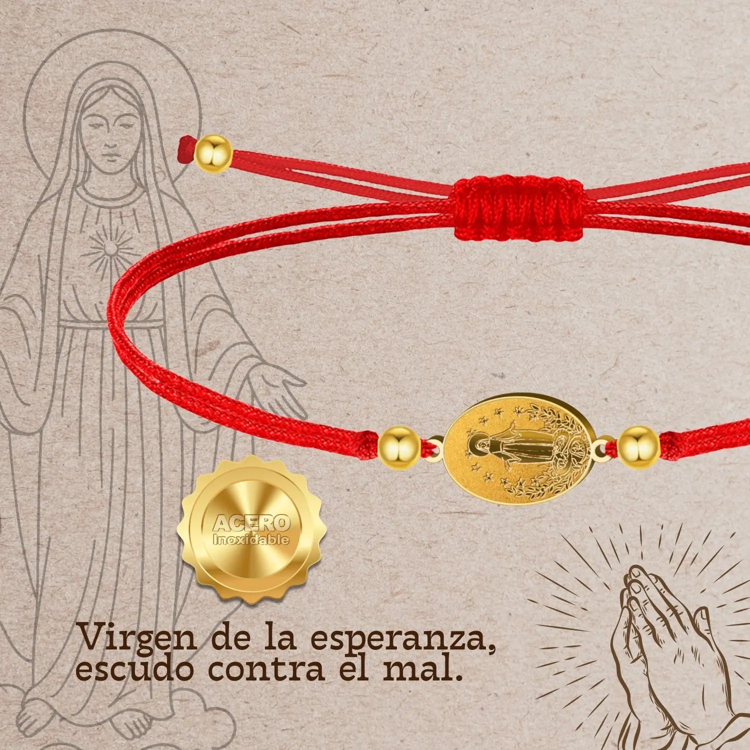 Pulsera Medalla de Virgen de Fátima Hilo Rojo en Acero Dorado detalle