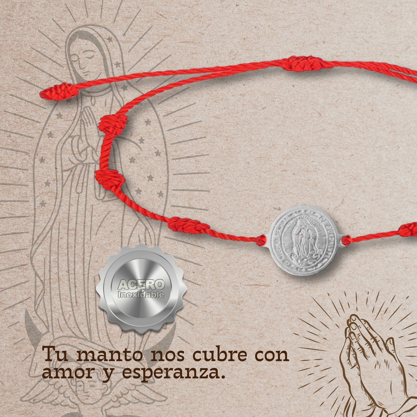 Pulsera 7 nudos con Virgen Guadalupe color Plateado