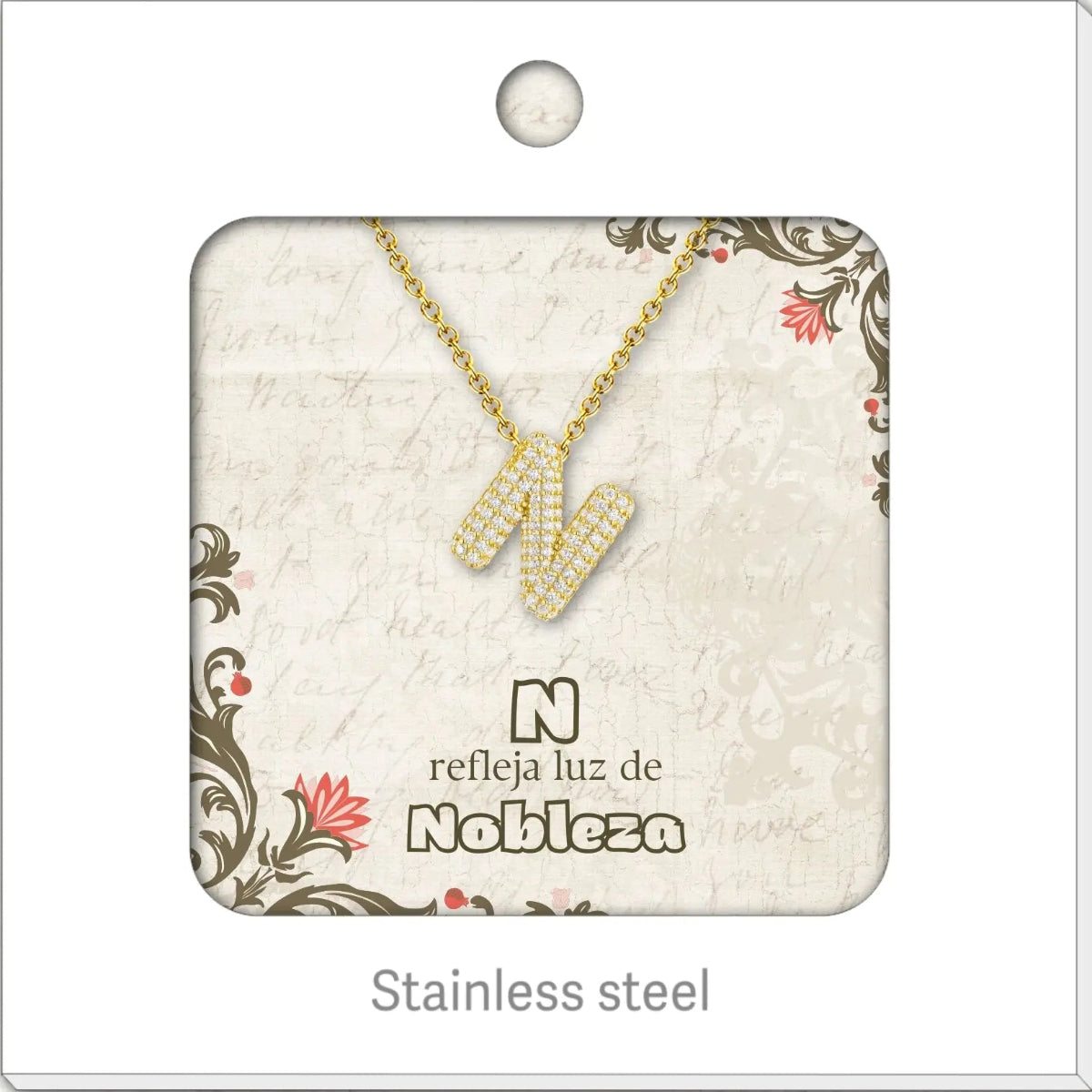 Collar con colgante de inicial N diseño clásico con pavé de circonitas blancas y baño de oro 14K. Stainless Steel.