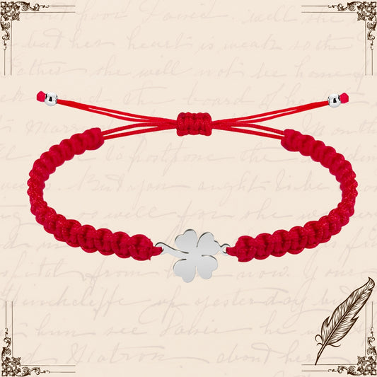 Pulsera Hilo Destino Rojo-Trebol cuatro Hojas Plateado