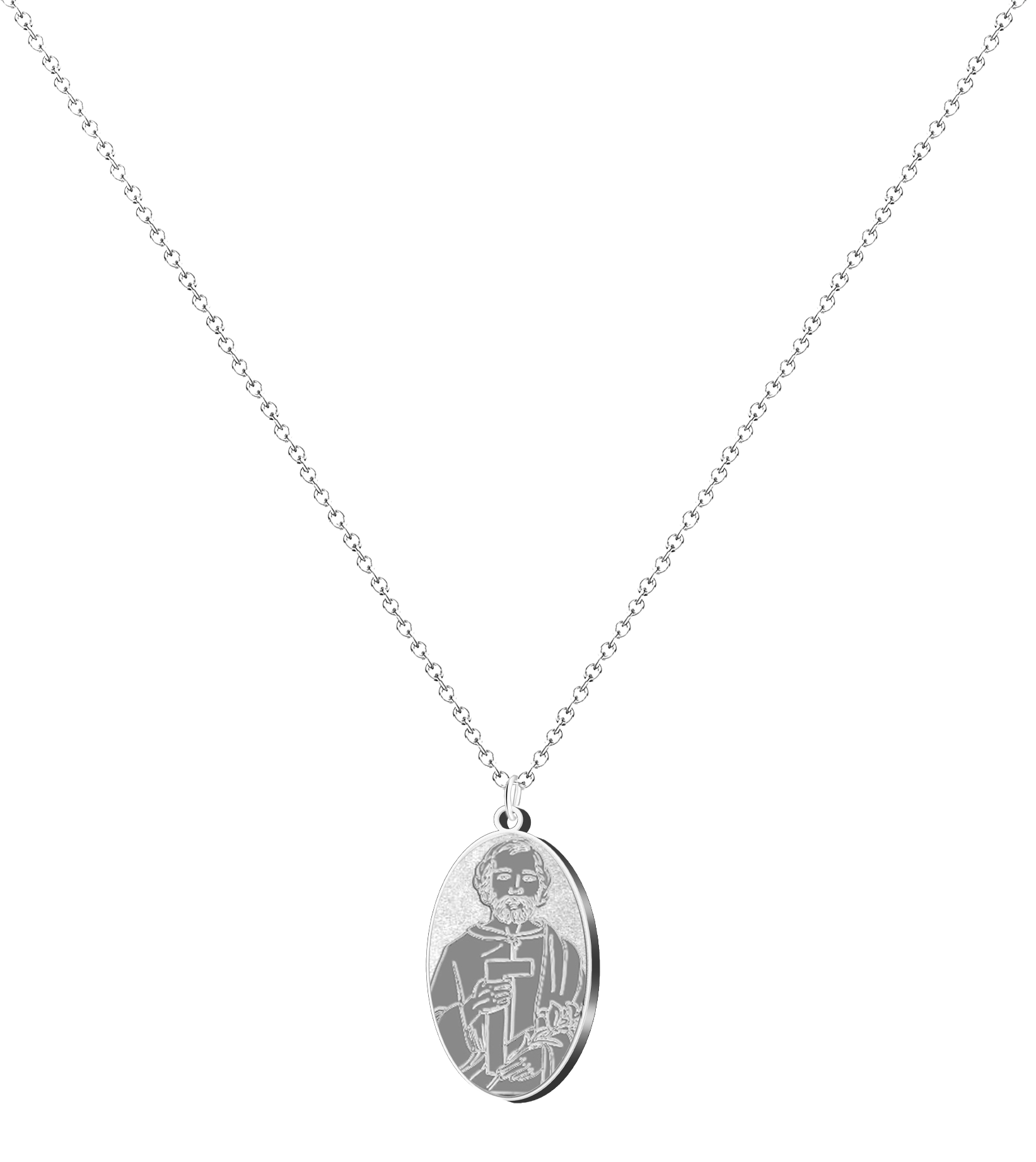 Colgante con medalla ovalada de San José Obrero en acero inoxidable, disponible en acabado plateado, mostrando al santo grabado con una escuadra de carpintero y un lirio.
