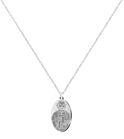 Colgante con medalla ovalada de San José Obrero en acero inoxidable, disponible en acabado plateado, mostrando al santo grabado con una escuadra de carpintero y un lirio.