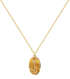 Colgante con medalla ovalada de San José Obrero en acero inoxidable, disponible en acabado dorado, mostrando al santo grabado con una escuadra de carpintero y un lirio.